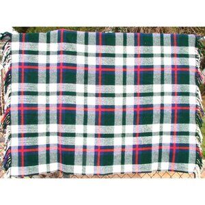 Plaid Wool Blend Blanket Throw Fringe 58x52" Vintage Bright Green Red Blue Warm